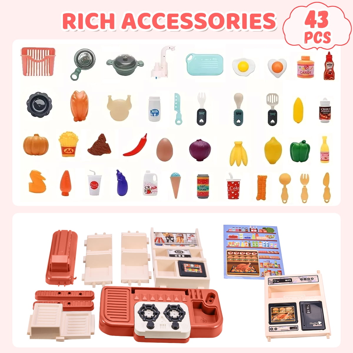 PayUSD Play Kitchen Playset for Kids with Pretend Food 29 Inch Toddler Kitchen Realistic Lights and Sounds Pretend Play Toy Set for Girls Boys Christmas Birthday Gift, Orange