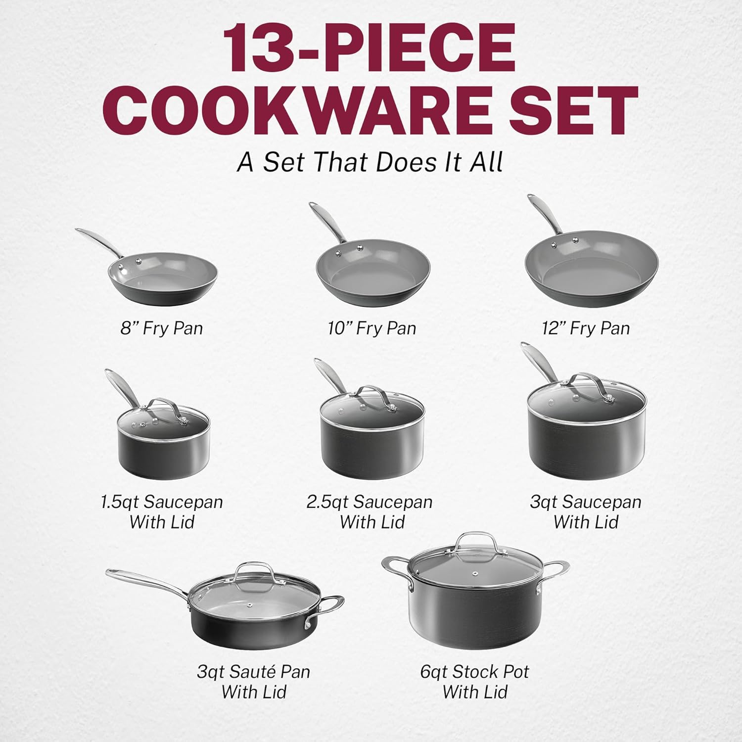 13 Pc Ceramic Pots and Pans Set Non Stick Cookware Set, Kitchen Cookware Sets, Pot and Pan Set, Hard Anodized Ceramic Cookware Set, Nonstick Cookware Set, Dishwasher Safe