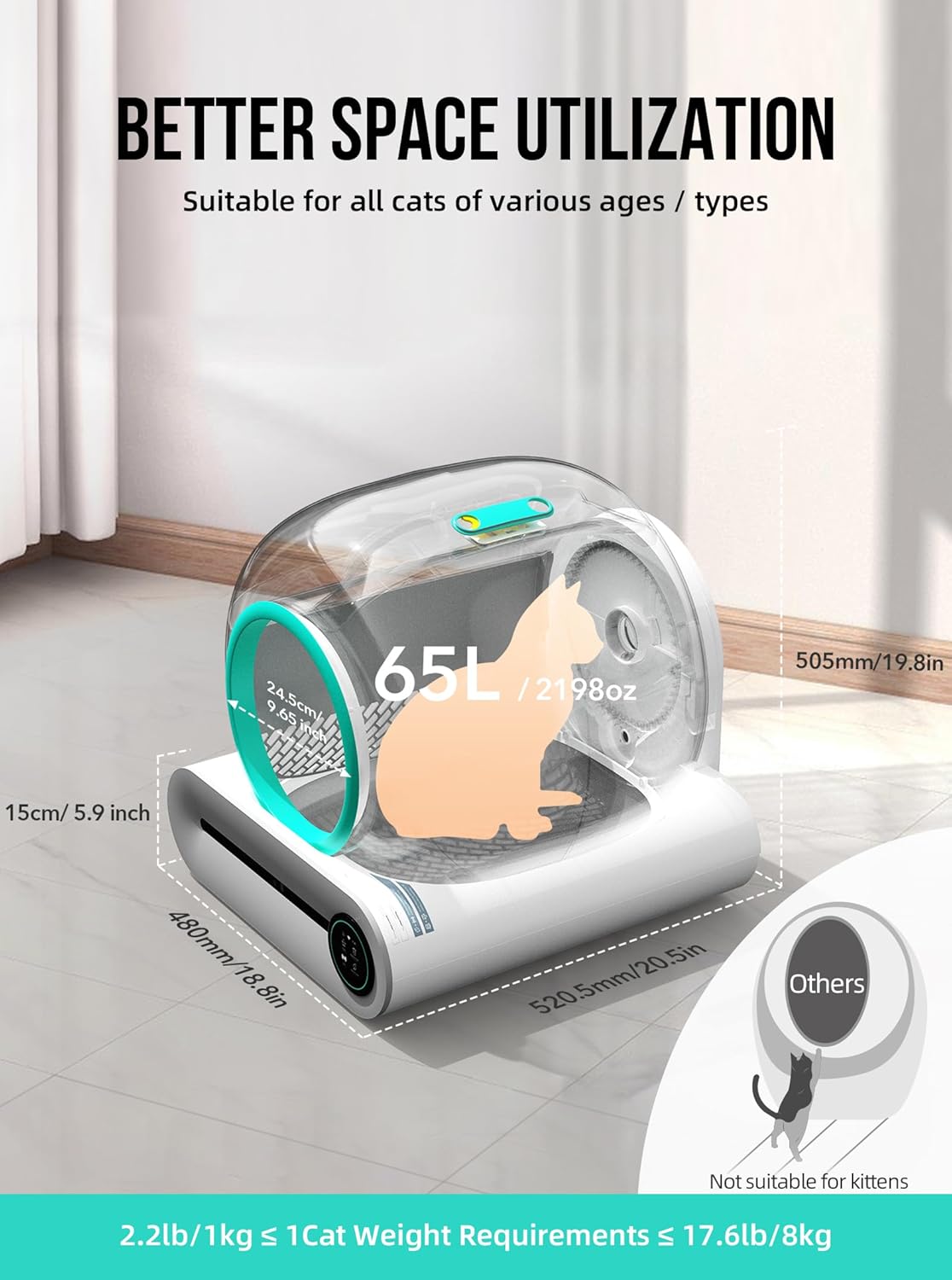 Self Cleaning Cat Litter Box, Automatic Cat Litter Box with Mat & Liners, 65L+9L Large Capacity Self Cleaning Litter Box, APP Control/Suitable for Multiple Cats - Grey