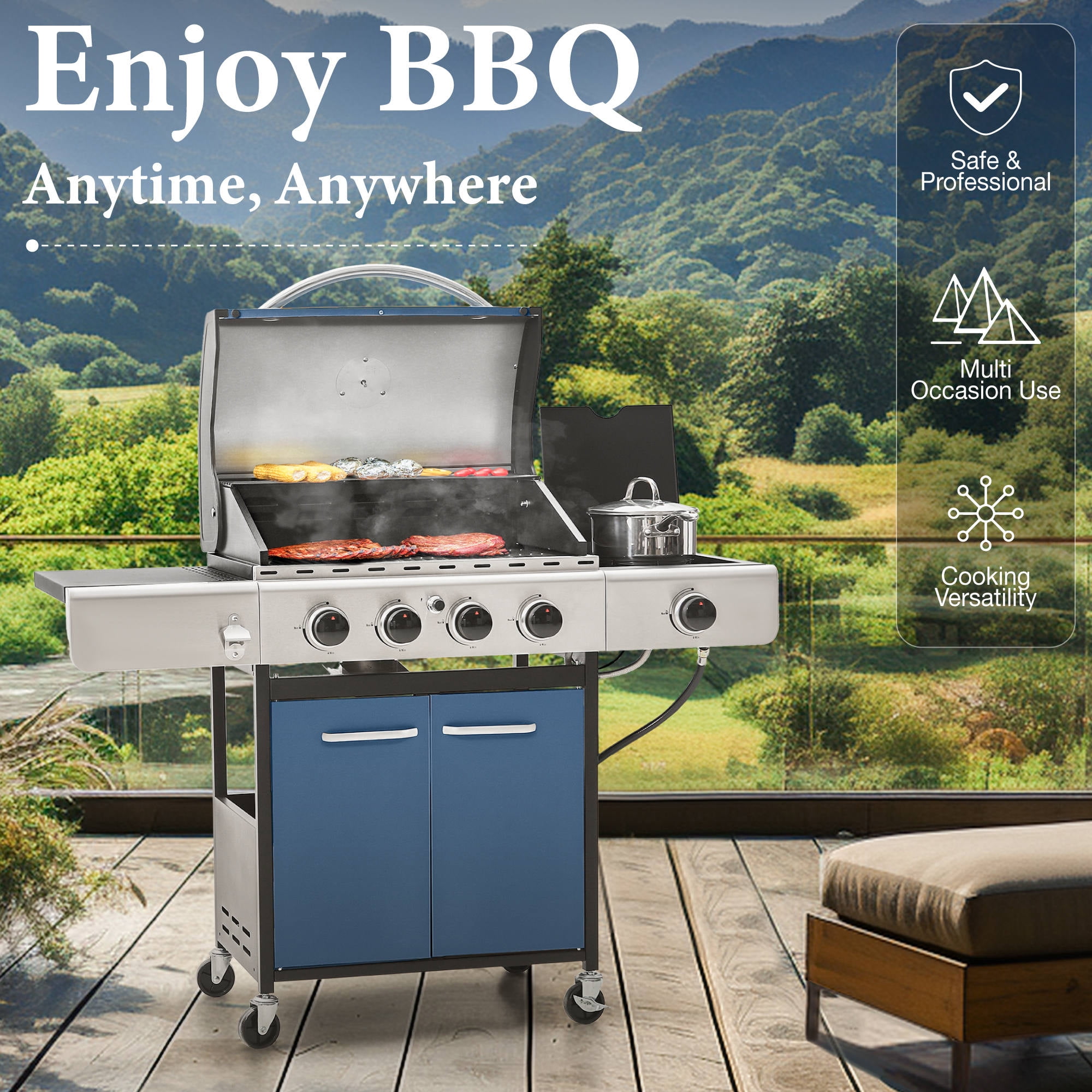 Summit Living 4 Burner Propane Gas Grill with Side Burner Stainless Steel