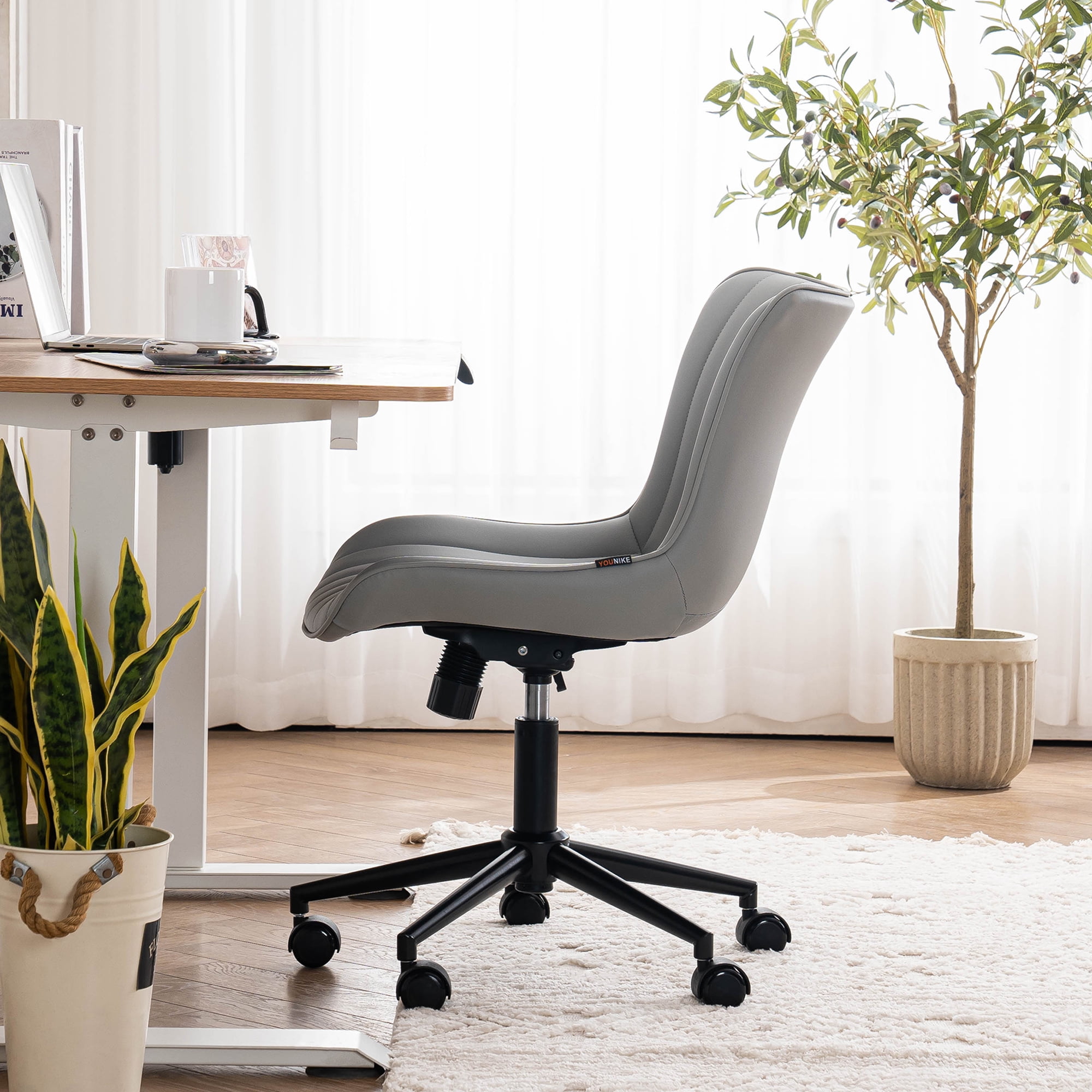 YOUNIKE Cute Armless Office Desk Chair Modern Upholstered Faux Leather Swivel Task Chair, Brown