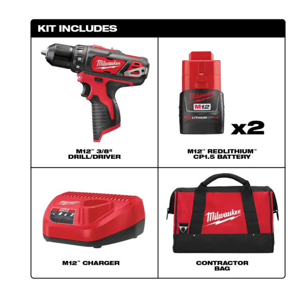 2407-22 M12 12-Volt Lithium-Ion Cordless 3/8 in. Drill/Driver Kit with Two 1.5 Ah Batteries, Charger and Tool Bag