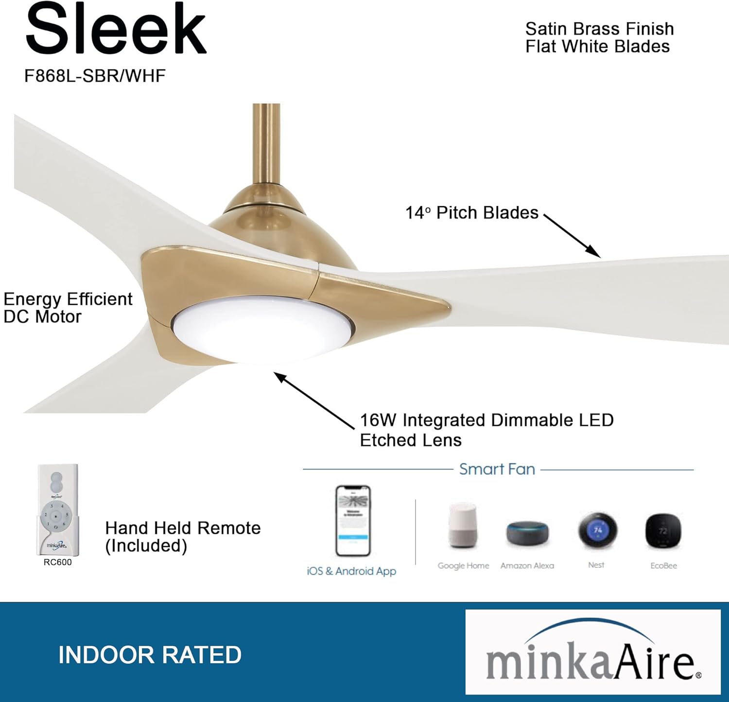 Minka-Aire Sleek 60′′ Ceiling Fan, Soft Brass/White, LED, Smart Remote/App Control, Energy Star Certified