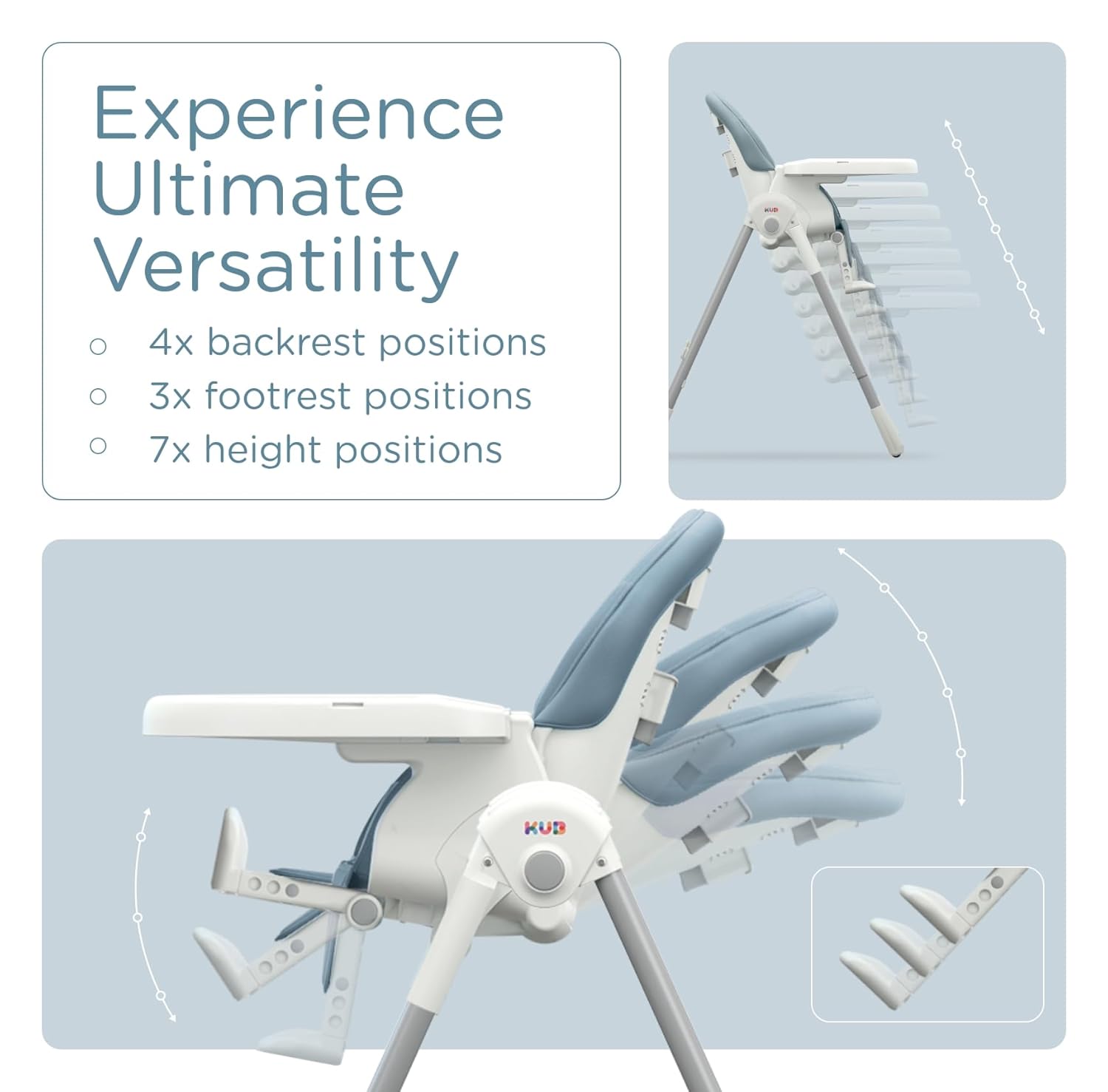 JBG Foldable Baby High Chair, Grey Faux Leather, Adjustable Height & Recline, Removable Tray, Locking Wheels, 5-Point Harness