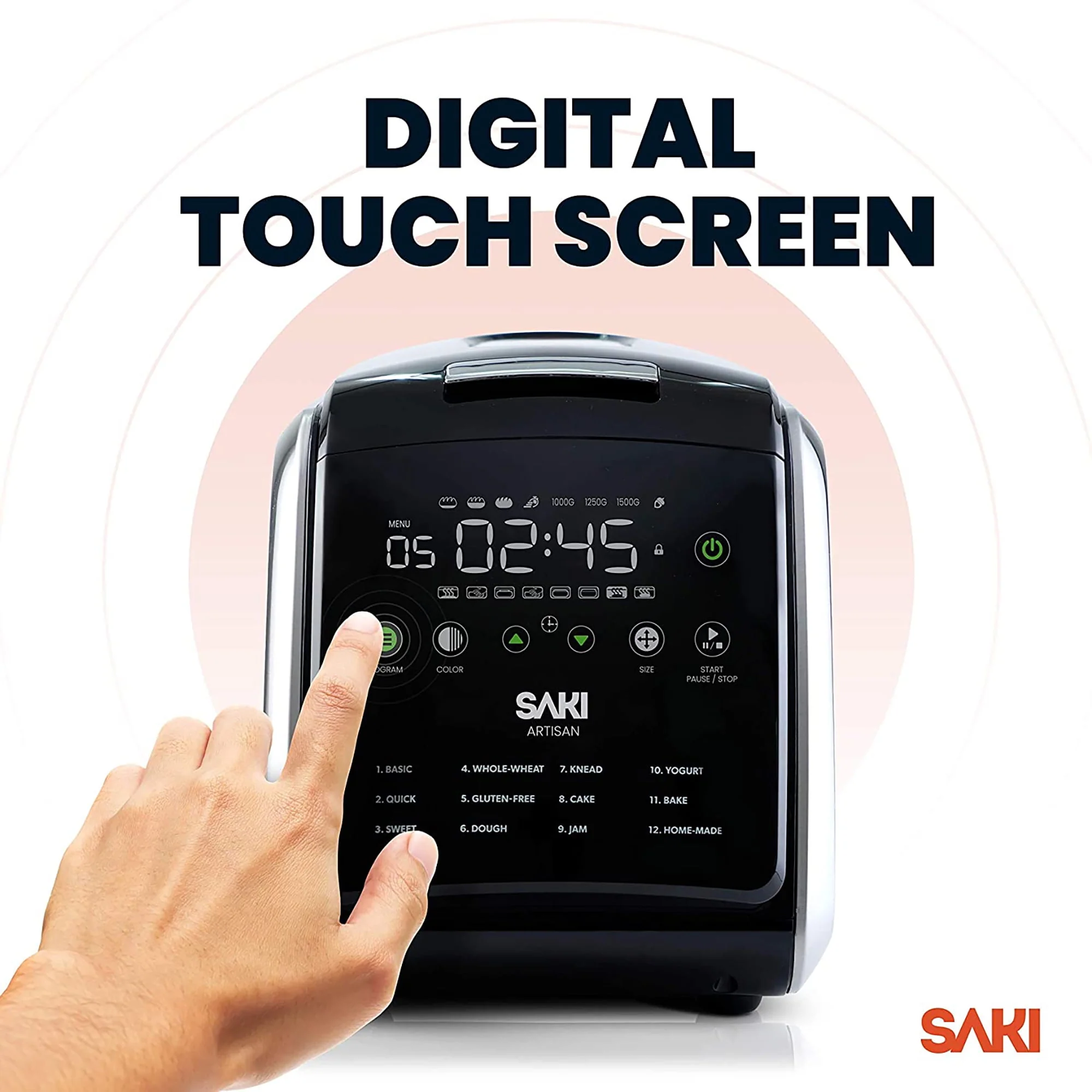 Saki 12-In-1 Programmable Bread Machine with Digital Touch Control Panel
