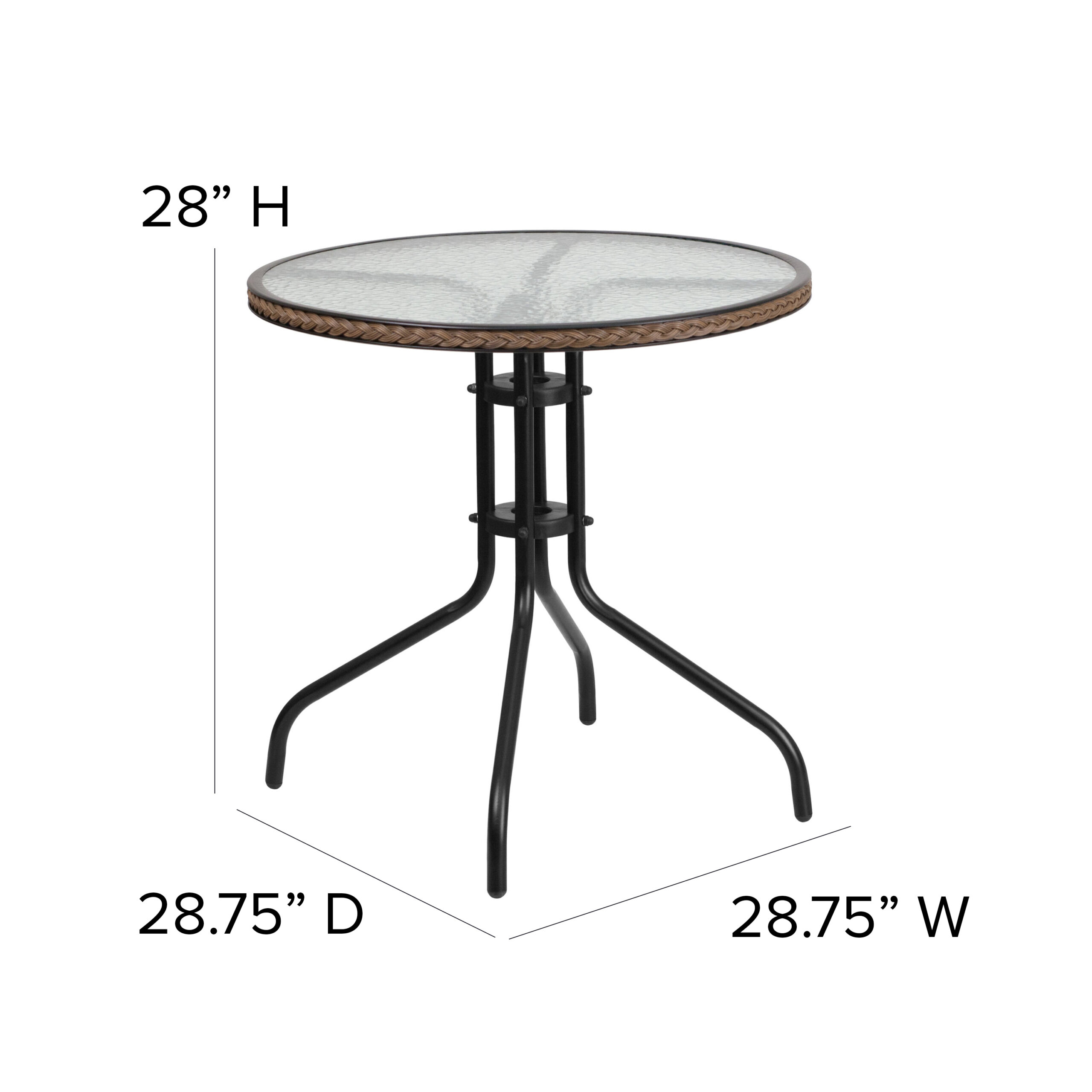 28  Round Glass Metal Table with Dark Brown Rattan Edging and 2 Dark Brown Rattan Stack Chairs