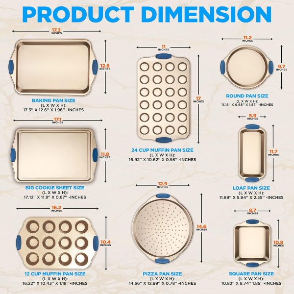 10-Piece Nonstick Bakeware Set Premium Carbon Steel Baking Trays w/Heatsafe Silicone Handles, Includes Pizza Crisper, Loaf Pan, 12 24 Cup Muffin Pans, Round/Square Pans, Cookie Sheets