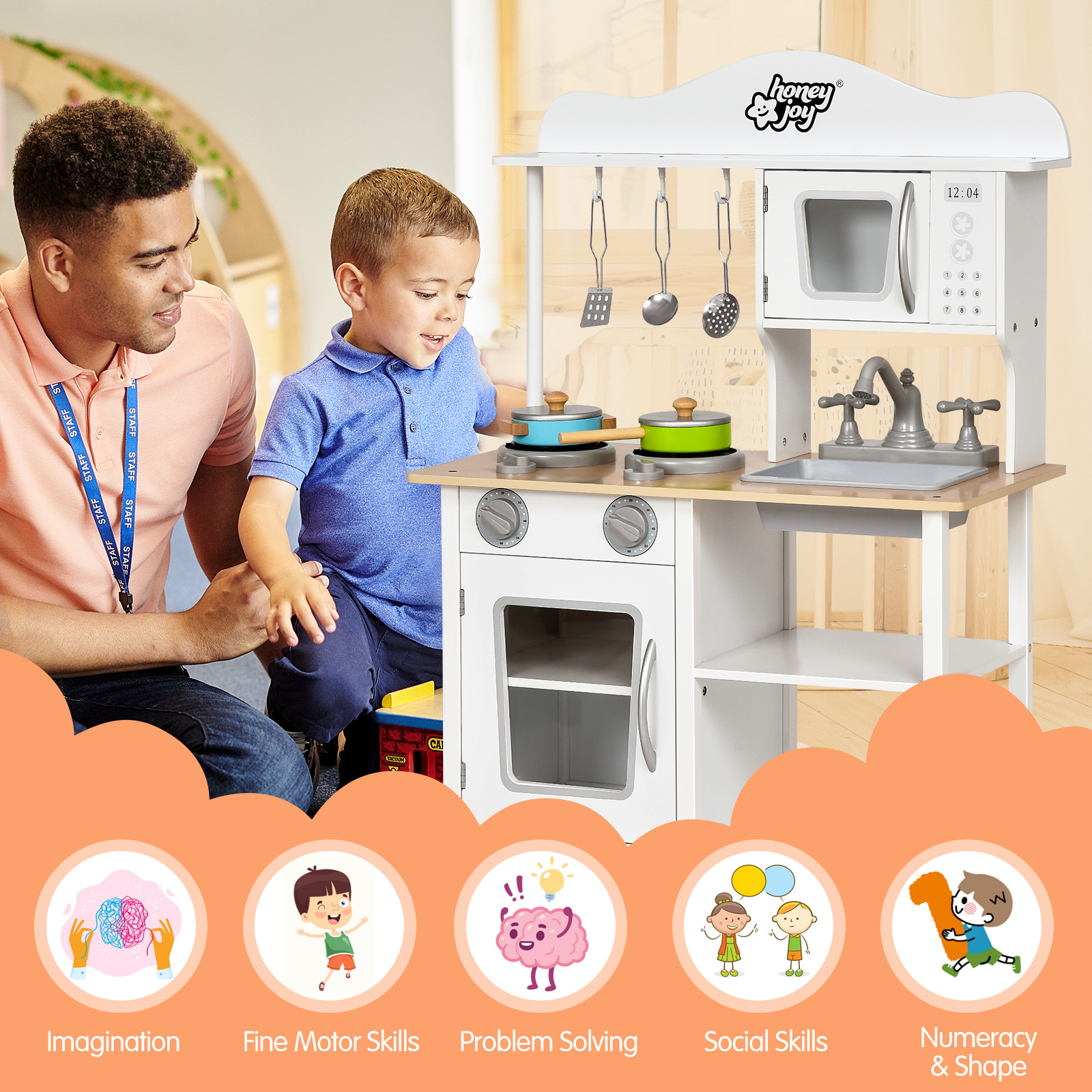 Topbuy Wooden Kids Toddlers Kitchen Playset Cooking Play Toy with Cookware Utensils Play Kitchen