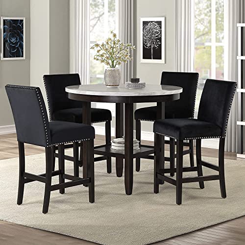 New Classic Furniture Celeste 5-Piece Faux Marble Round Counter Set with 1 Table and 4 Chairs, 42-Inch, Grey