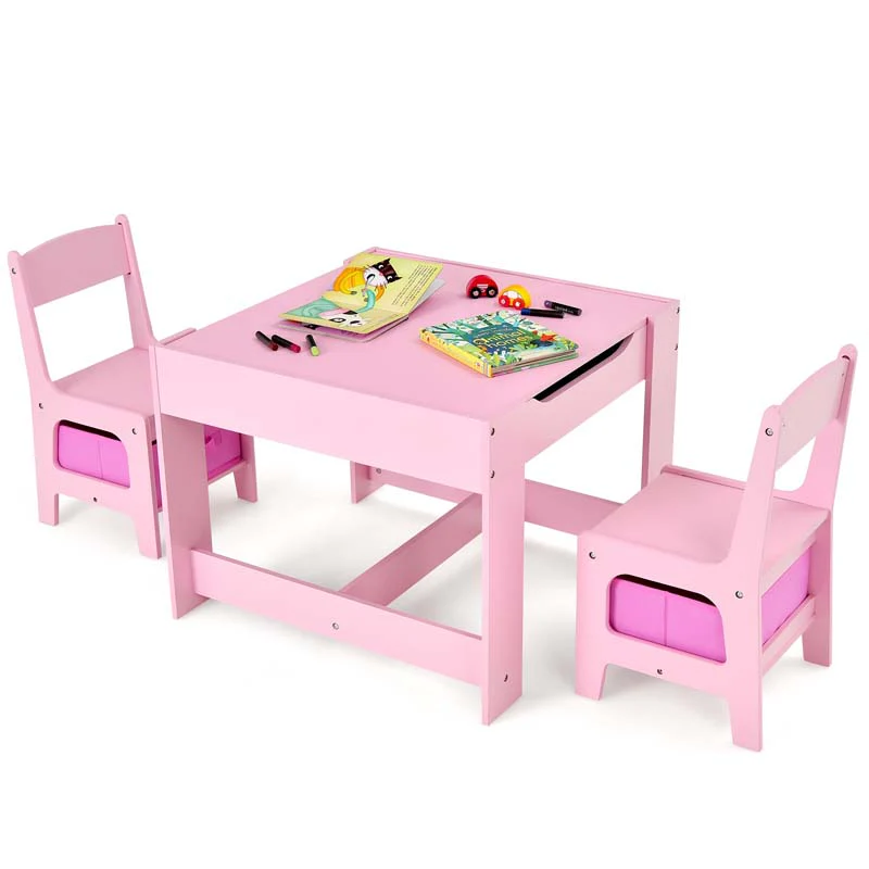 3-in-1 Kids Wood Table Chairs Set with Blackboard & Storage Drawers, Children Multi Activity Table for Learning Playing Drawing