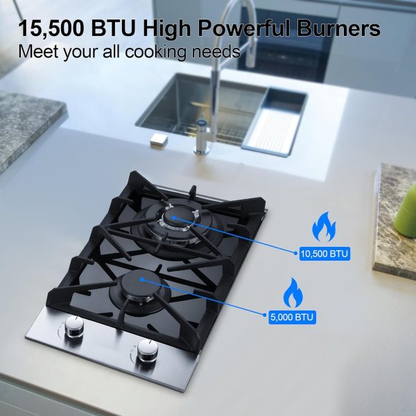 2 Burner Propane Gas Cooktop, 12 inch LPG/NG Dual Fuel Built-in Gas Stove Top, Black Tempered Glass Gas Stove, Gas Hob for Apartment, Outdoor, RV, With Thermocouple Protection