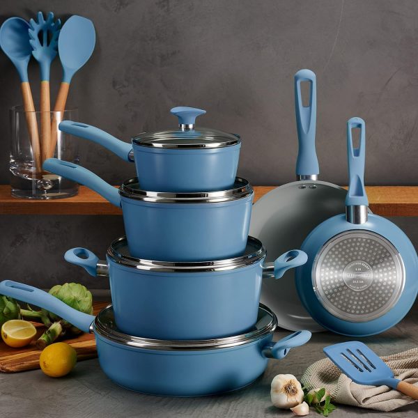 14-Piece Ceramic Cookware Set Blue Nonstick, Induction-Ready, Oven Safe, Dishwasher Safe, Includes Fry Pans, Sauté Pan, Sauce Pans, Dutch Oven, and Wooden Utensils, 80110/035DS