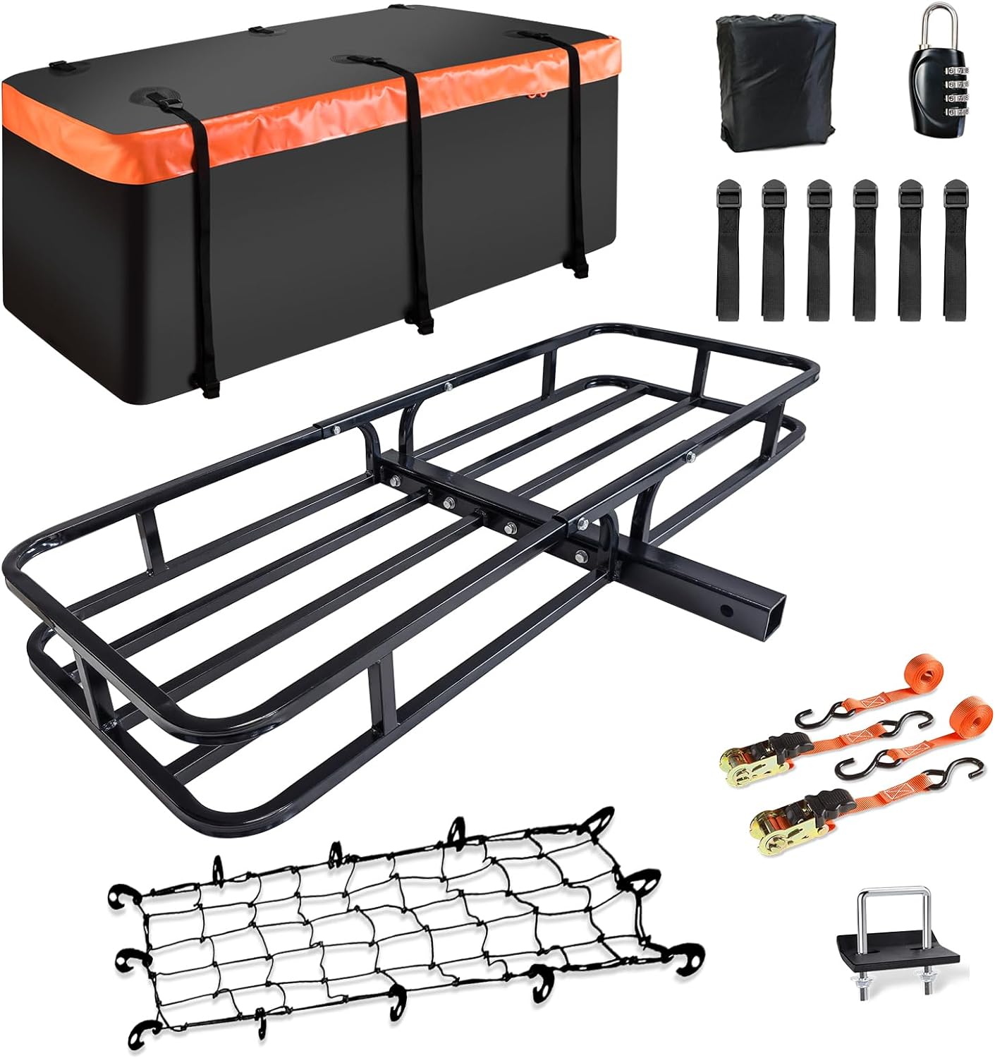 Folding hitch mounted cargo basket 60