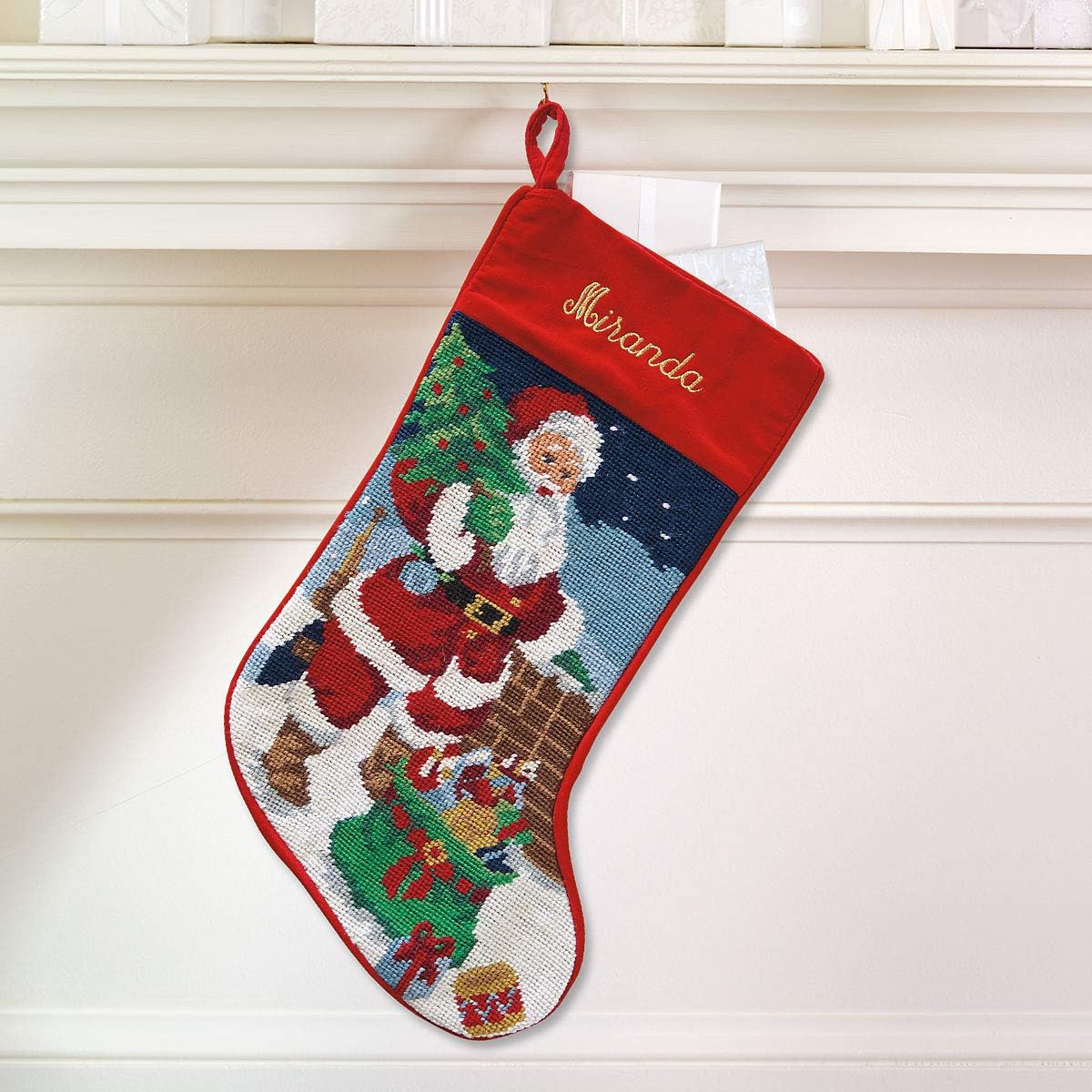 Lillian Vernon Personalized Needlepoint Reindeer Stocking - Heirloom Christmas Stocking, 100% Wool, 9.5” W x 17” L