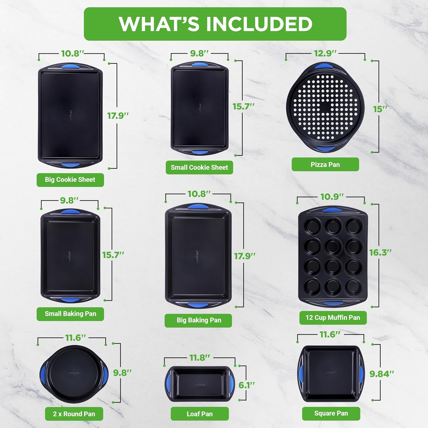 10-Piece Nonstick Bakeware Set Heavy Duty Carbon Steel Baking Trays w/Silicone Handles Includes Cookie Sheets, 12-Cup Muffin Pan, Pizza Loaf Pan, Round Square Pans Easy to Clean