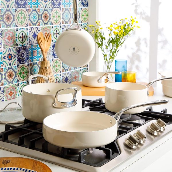 12 Piece Aluminum Pots and Pans Cookware Set w/Non-toxic Ceramic Non-stick, Ceramic Steamer Insert,   12 Protective Care Bags   Oat White