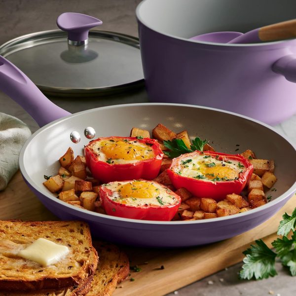 14-Piece Ceramic Cookware Set Purple Nonstick, Induction-Ready, Oven Safe, Dishwasher Safe, Includes Fry Pans, Sauté Pan, Sauce Pans, Dutch Oven, and Wooden Utensils, 80110/037DS