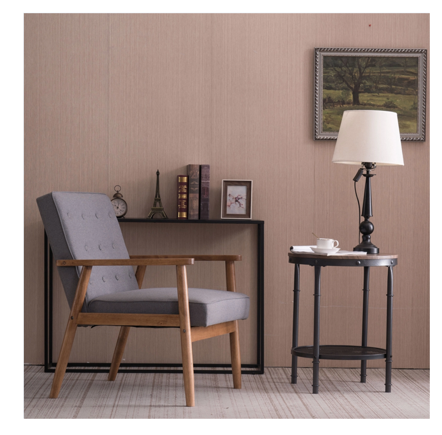 (75 x 69 x 84) cm Retro Modern Wooden Single Chair, Grey Fabric