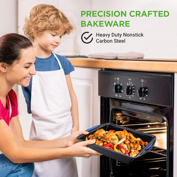 10-Piece Nonstick Bakeware Set Heavy Duty Carbon Steel Baking Trays w/Silicone Handles Includes Cookie Sheets, 12-Cup Muffin Pan, Pizza Loaf Pan, Round Square Pans Easy to Clean