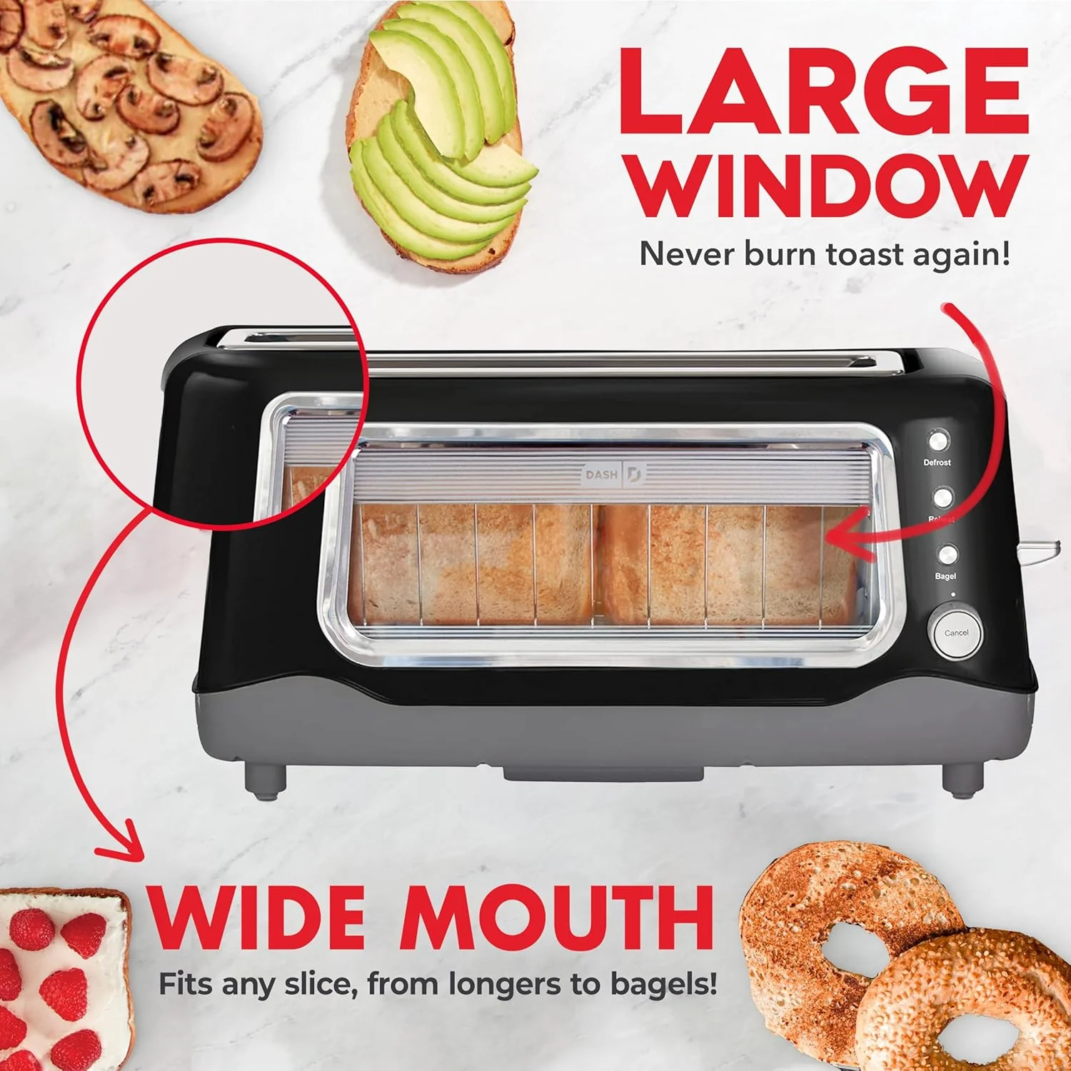DASH Clear View Toaster - Compact Design with 7 Browning Levels & Clear-View Window, Extra-Wide Slot Large Toaster, 1-Touch Defrost, Reheat & Bagel Functions - Easy Clean Up Crumb Tray (Black)