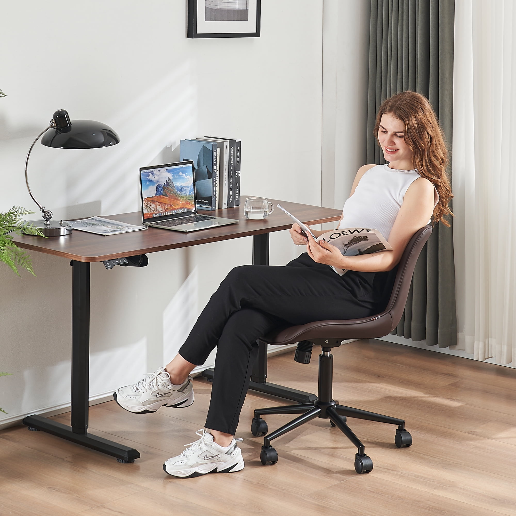 YOUNIKE Cute Armless Office Desk Chair Modern Upholstered Faux Leather Swivel Task Chair, Brown