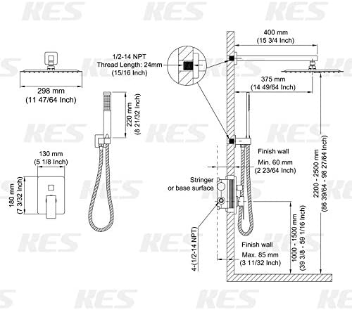 KES Shower System 12 Inch Rain Shower Head