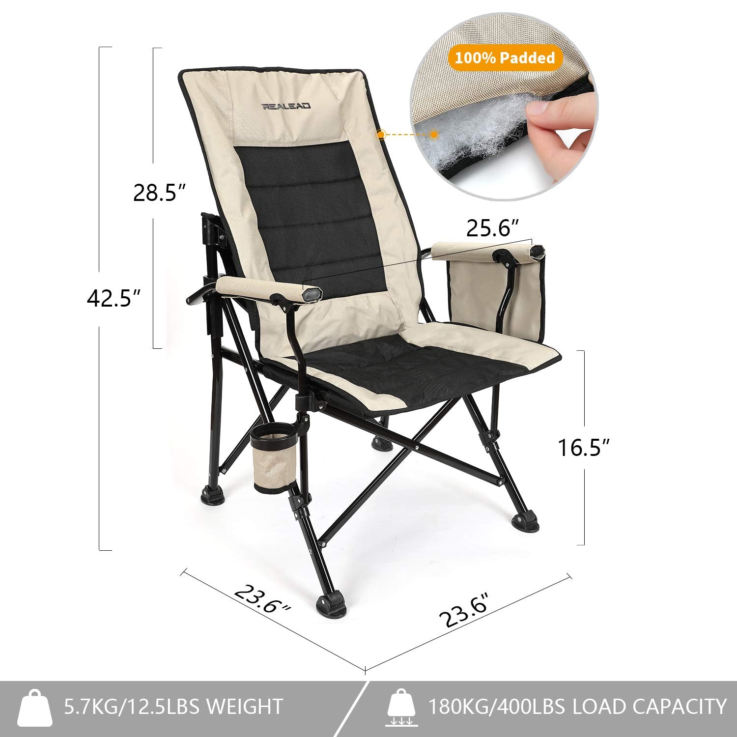 REALEAD Oversized Camping Chairs – Heavy Duty Folding Chair for Outside Support 400 LBS – Padded High Back Camp Chair with Lumbar Back Support – Portable Outdoor Lawn Chairs