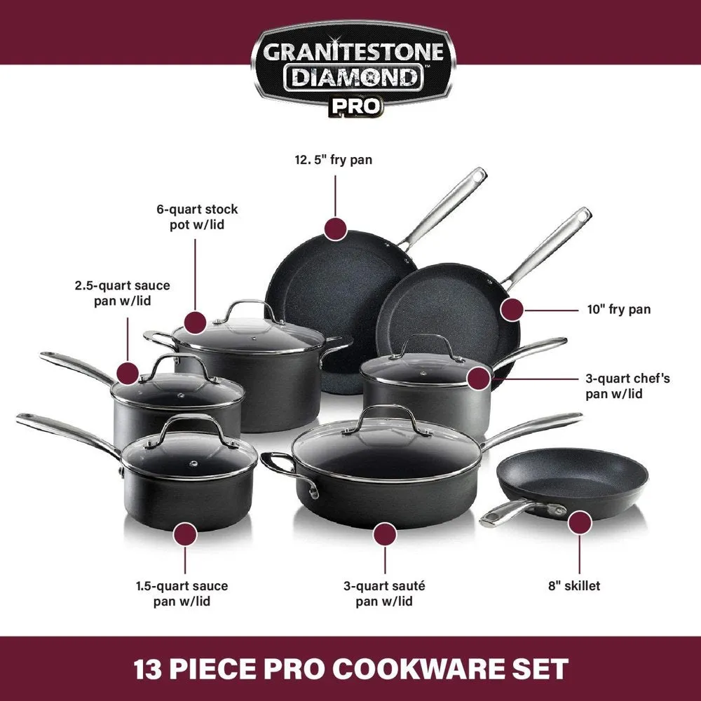 Granitestone Pro Hard Anodized Pots and Pans 13 Pcs Premium Cookware Set with Ultimate Nonstick Diamond Coating, Oven & Dishwasher Safe