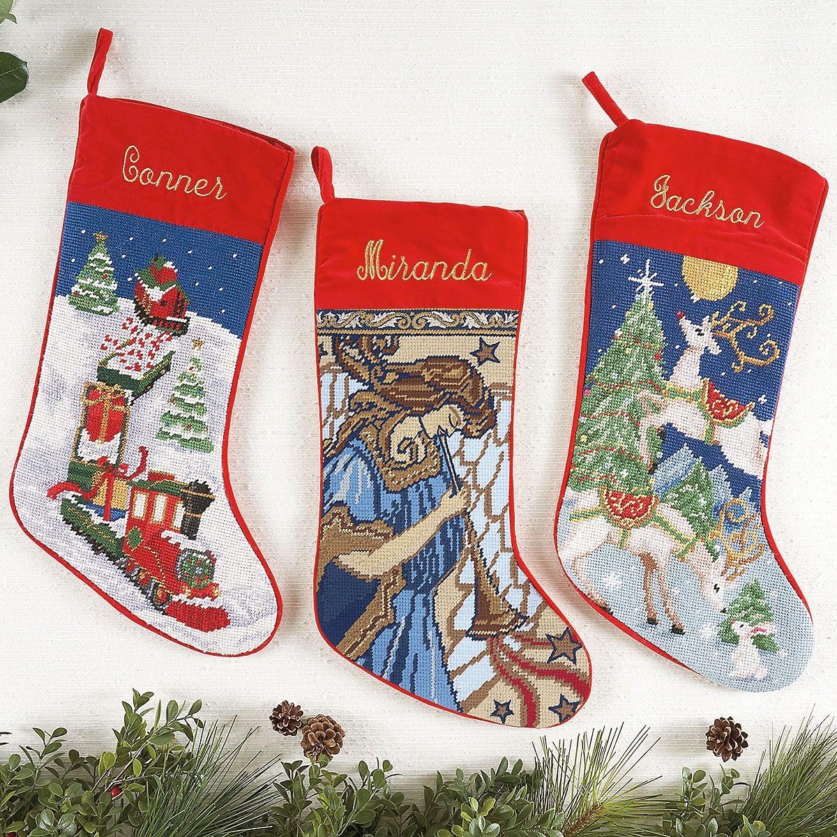 Lillian Vernon Personalized Needlepoint Reindeer Stocking - Heirloom Christmas Stocking, 100% Wool, 9.5” W x 17” L