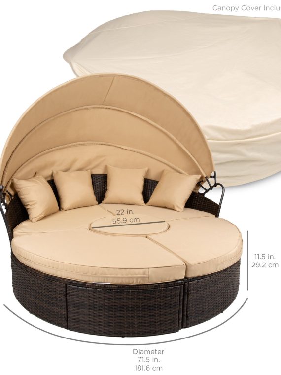 5-Piece 2-In-1 Wicker Daybed Sectional W/ Adjustable Seats, Canopy, Cover