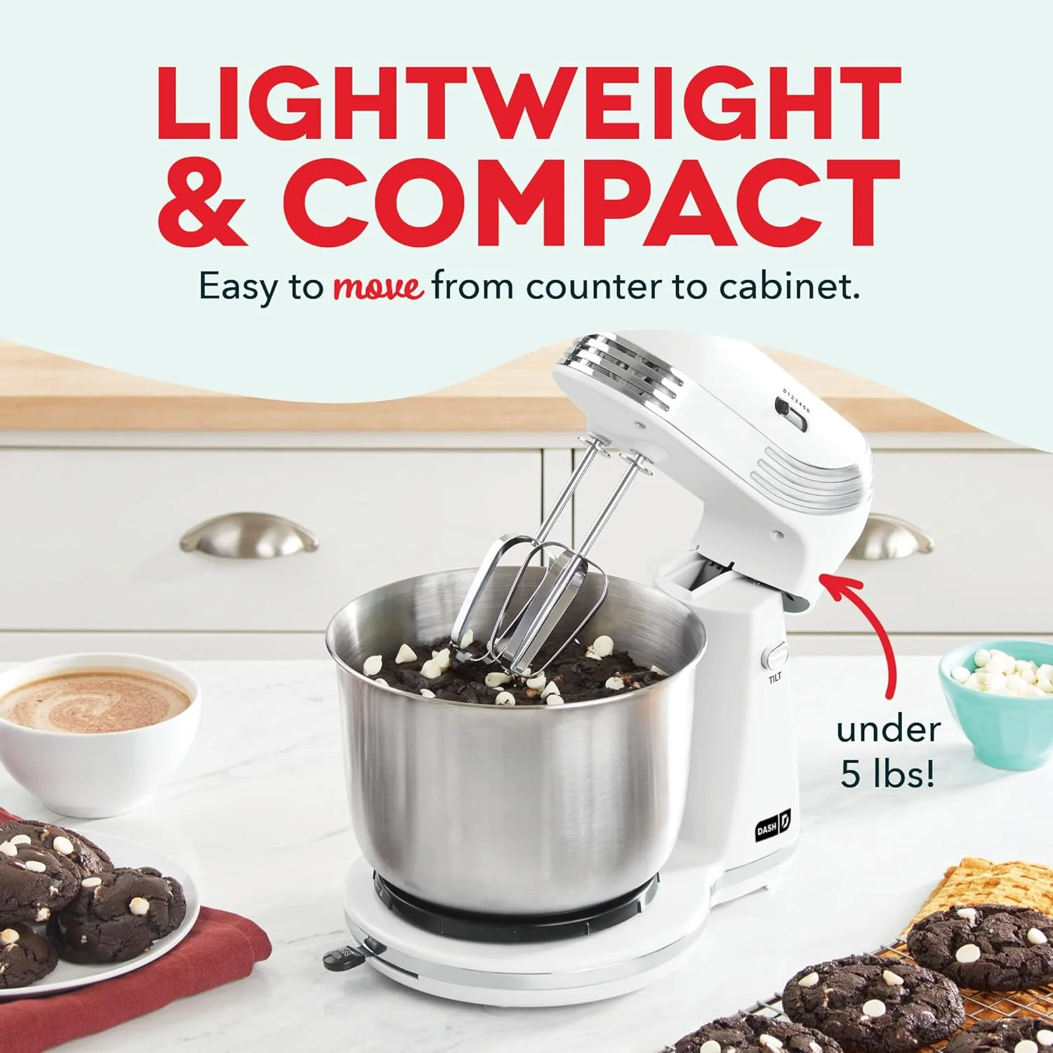 Dash Stand Mixer (Electric Mixer for Everyday Use): 6 Speed Stand Mixer with 3 qt Stainless Steel Mixing Bowl, Dough Hooks & Mixer Beaters for Frosting, Meringues & More - White