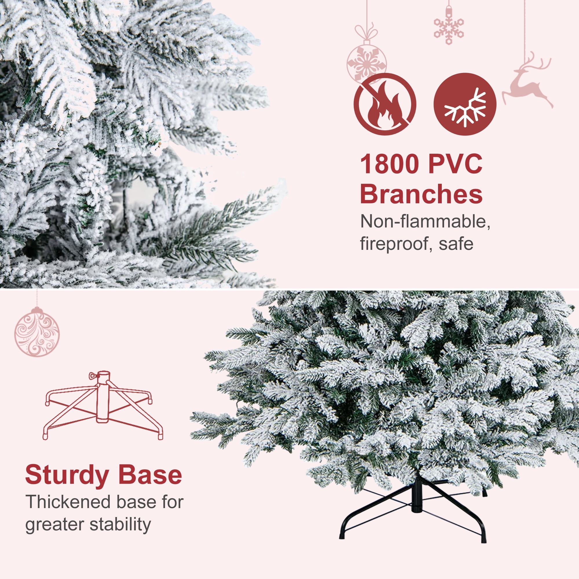 Vrilay 6ft Pre-Lit Snow Flocked Artificial Christmas Tree w/ 1000 Tips 300 Lights, Gold Ribbon & Snowflake Christmas Decorations