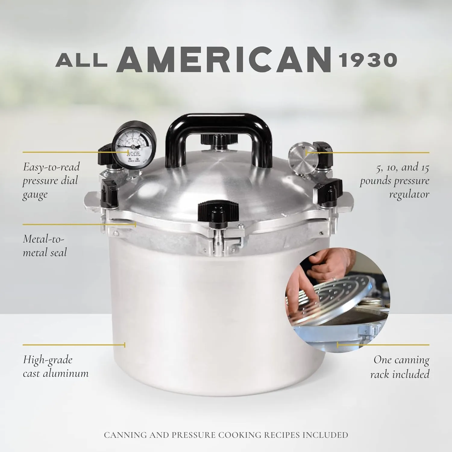 All American 1930 21.5qt Pressure Cooker & Canner, Aluminum, Metal-to-Metal Seal, Gas & Electric Compatible, Made in USA