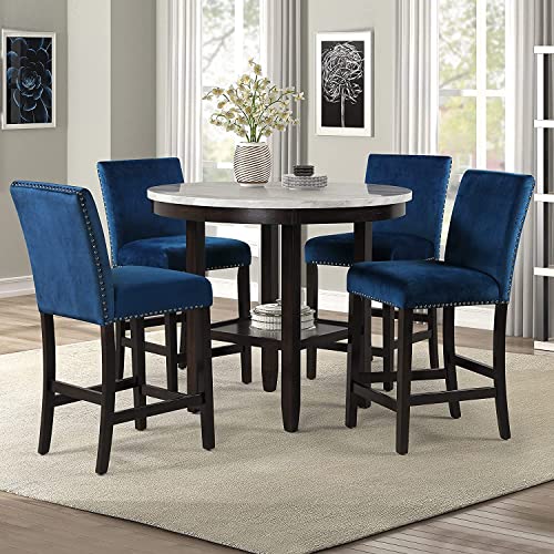 New Classic Furniture Celeste 5-Piece Faux Marble Round Counter Set with 1 Table and 4 Chairs, 42-Inch, Grey
