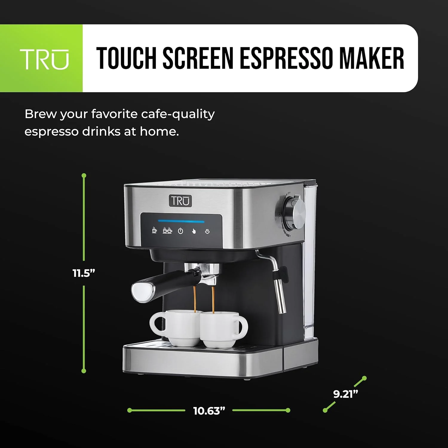 Tru Touch Screen Espresso Maker - Espresso Machine for Cappuccinos, Lattes & More - Includes Steam Wand, Cup Warmer & Drip Tray - Espresso Coffee Machine for the Kitchen - 56-Ounce Water Tank