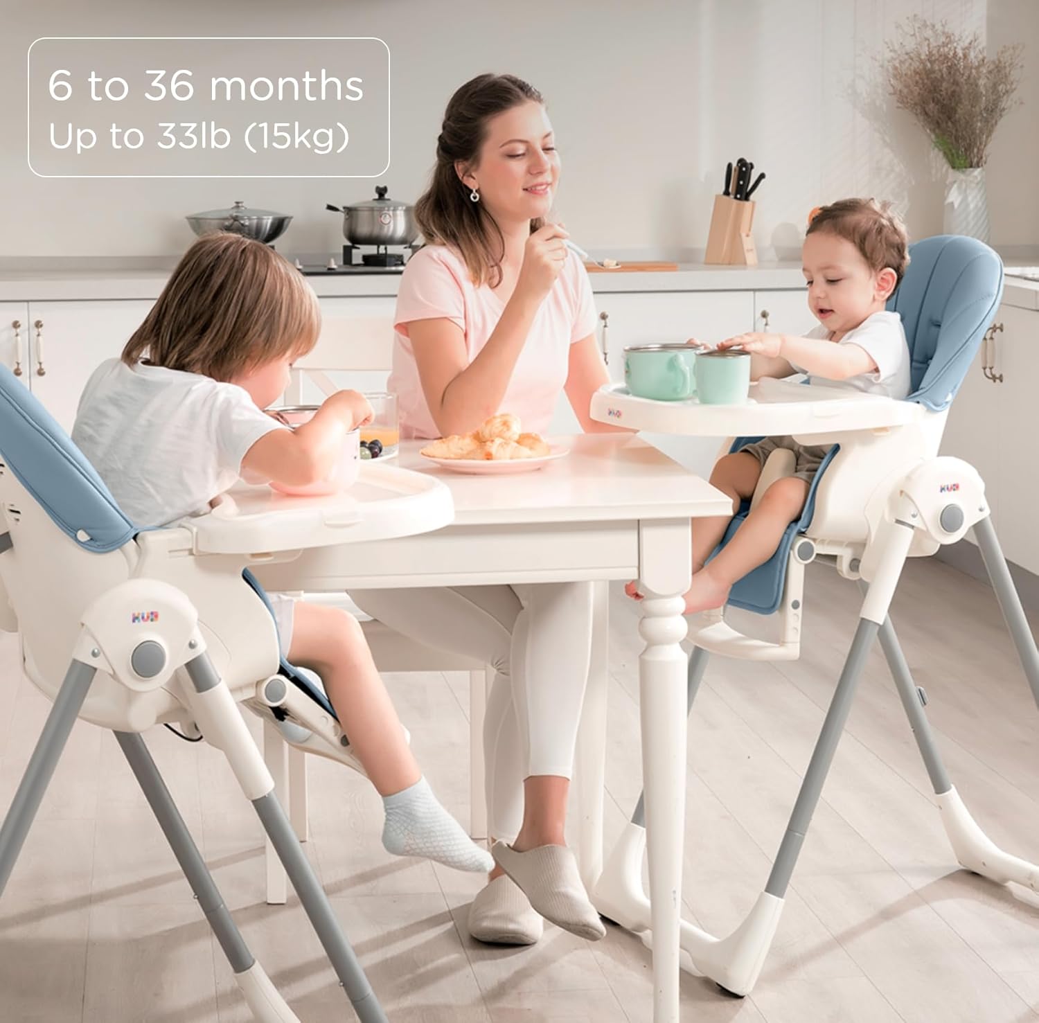 JBG Foldable Baby High Chair, Grey Faux Leather, Adjustable Height & Recline, Removable Tray, Locking Wheels, 5-Point Harness