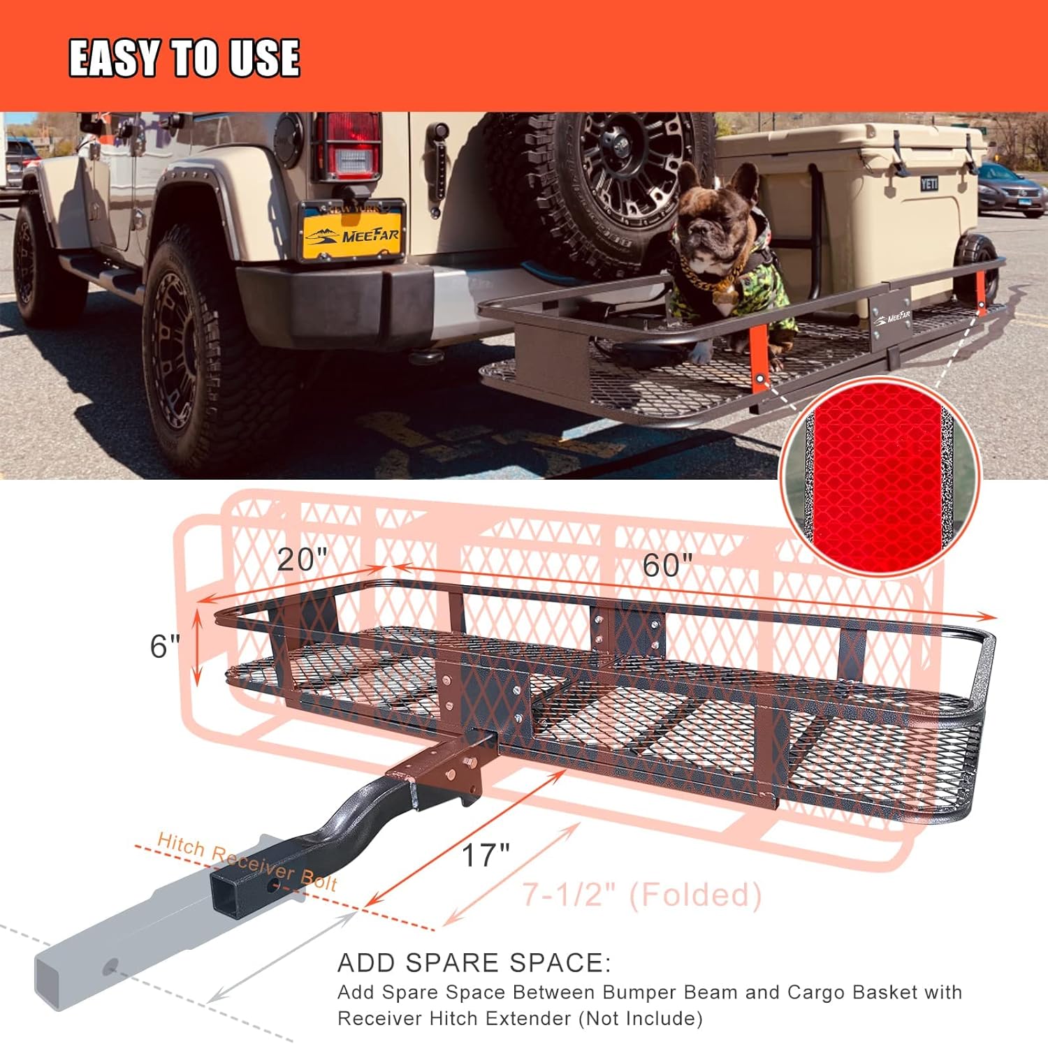 Folding hitch mounted cargo basket 60