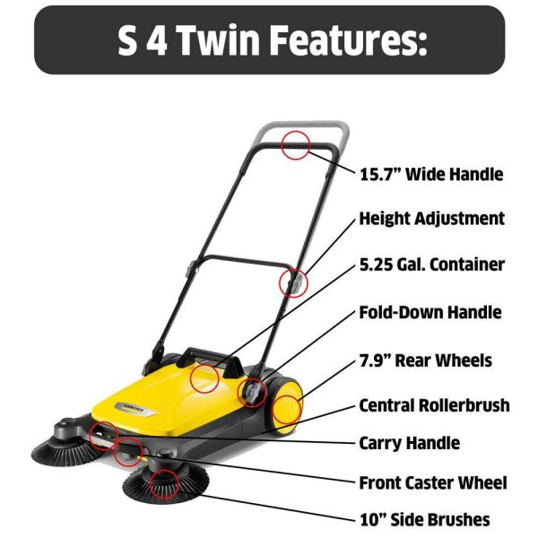 1.766-361.0 S 4 Twin Walk-Behind Outdoor Hand Push Sweeper 5.25 Gal. Capacity