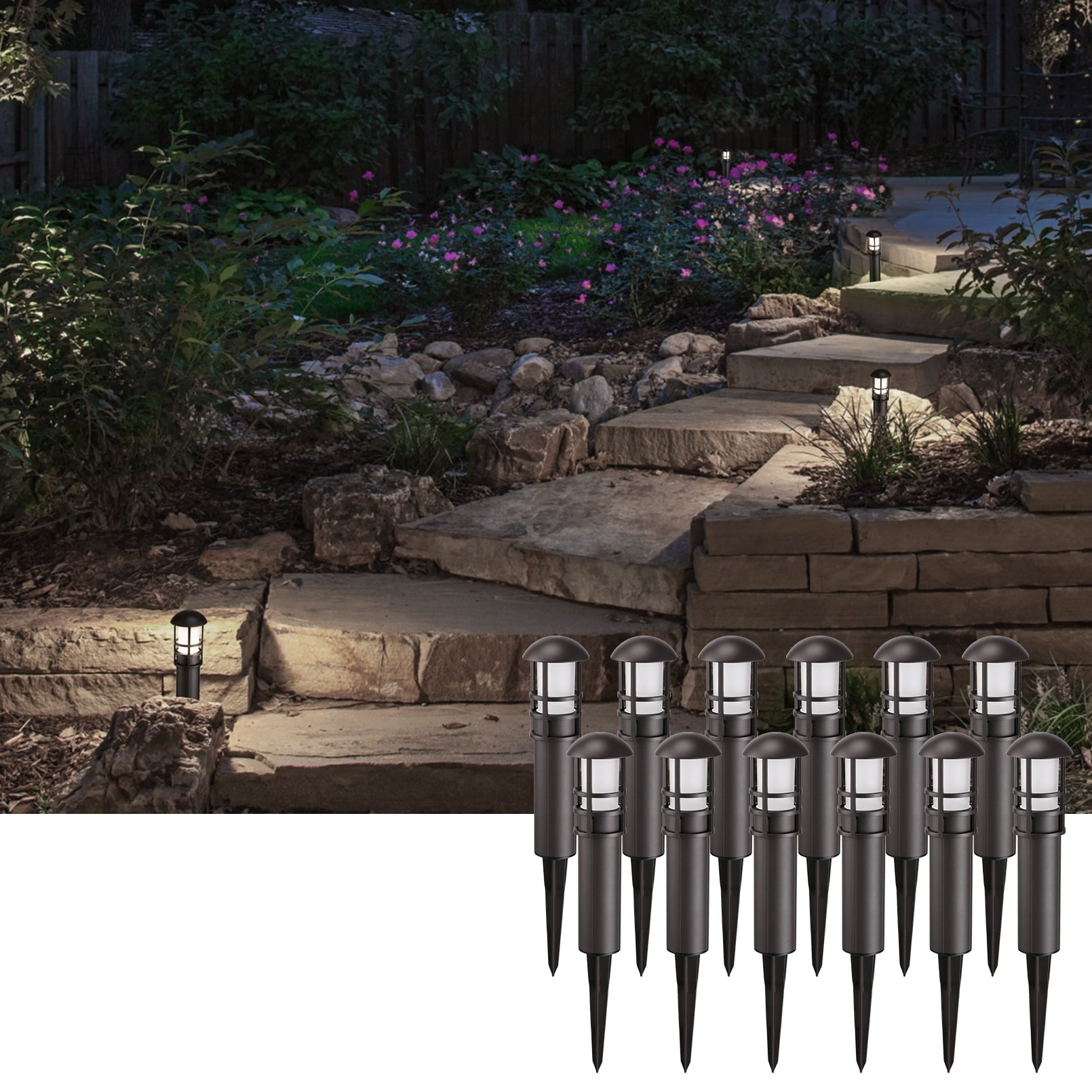 LEONLITE 12-Pack LED Landscape Lighting, 3W 12V Low Voltage Pathway Lights, Outdoor Waterproof Garden Lights, ETL Listed, 4000K Cool White, for Driveway, Sidewalk, 5 Years Warranty