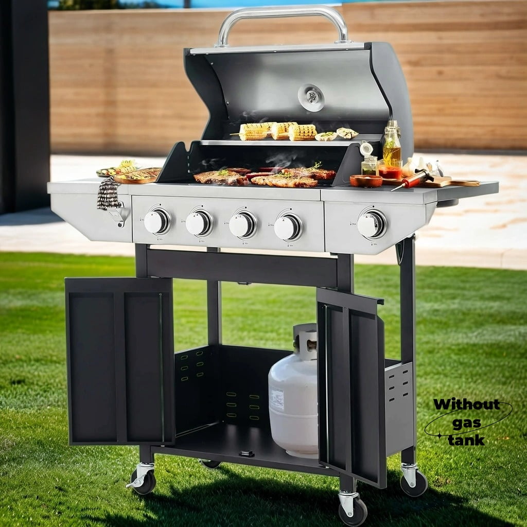 HighSound 4-Burner Propane Gas Grill with Side Burner, 46700 BTU Porcelain-Enameled Cast Iron Grates Outdoor Cooking Stainless Steel BBQ Grills Cabinet, Black