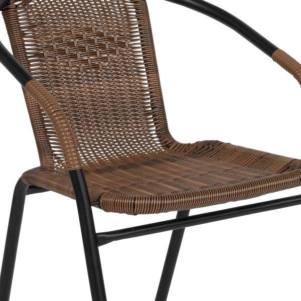 28  Round Glass Metal Table with Dark Brown Rattan Edging and 2 Dark Brown Rattan Stack Chairs