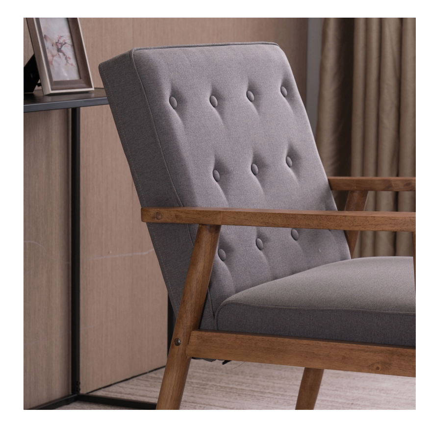 (75 x 69 x 84) cm Retro Modern Wooden Single Chair, Grey Fabric