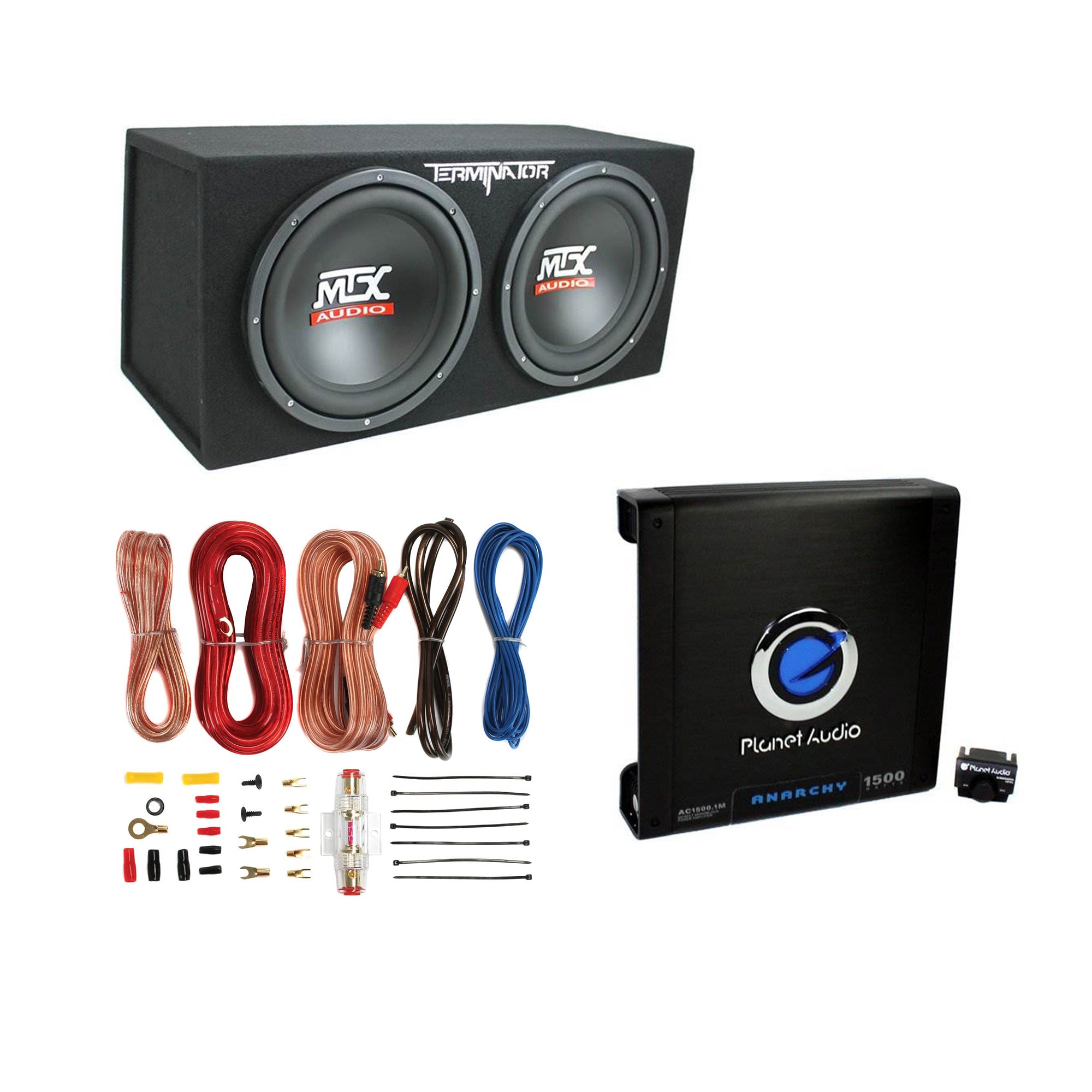 12 1200W Dual Loaded Car Subwoofers + Box +  1500W Amp + Kit