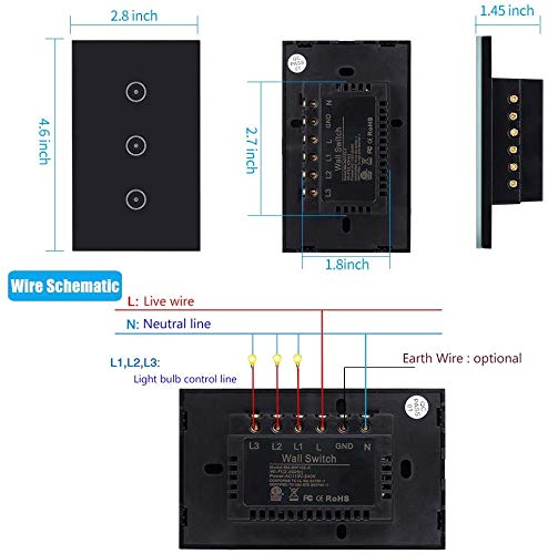 Jinvoo Smart 3-Gang Wall Light Switch, Touch Panel, Alexa & Google Home Compatible, No Hub Needed, 2-Pack, Black