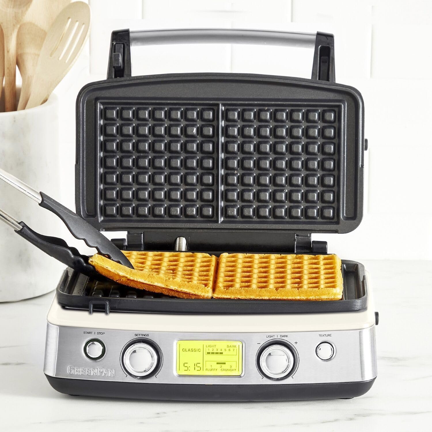Elite 4-Square Belgian & Classic Waffle Iron, Healthy Ceramic Nonstick Aluminum Dishwasher Safe Plates, Adjustable Shade/Crunch Control, Wont Overflow, Easy Cleanup Breakfast,