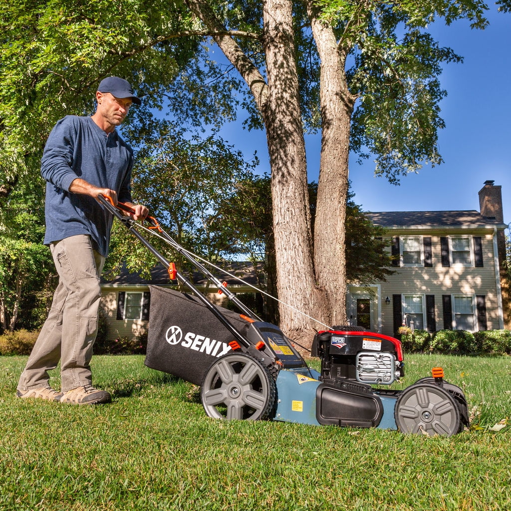 SENIX Self-Propelled Gas Lawn Mower, 21-Inch, 150 cc 4-Cycle Briggs & Stratton Engine, 3-In-1 Single Speed Lawnmower, 6-Position Height Adjustment with 11-Inch Rear Wheels, LSSG-M1, Blue