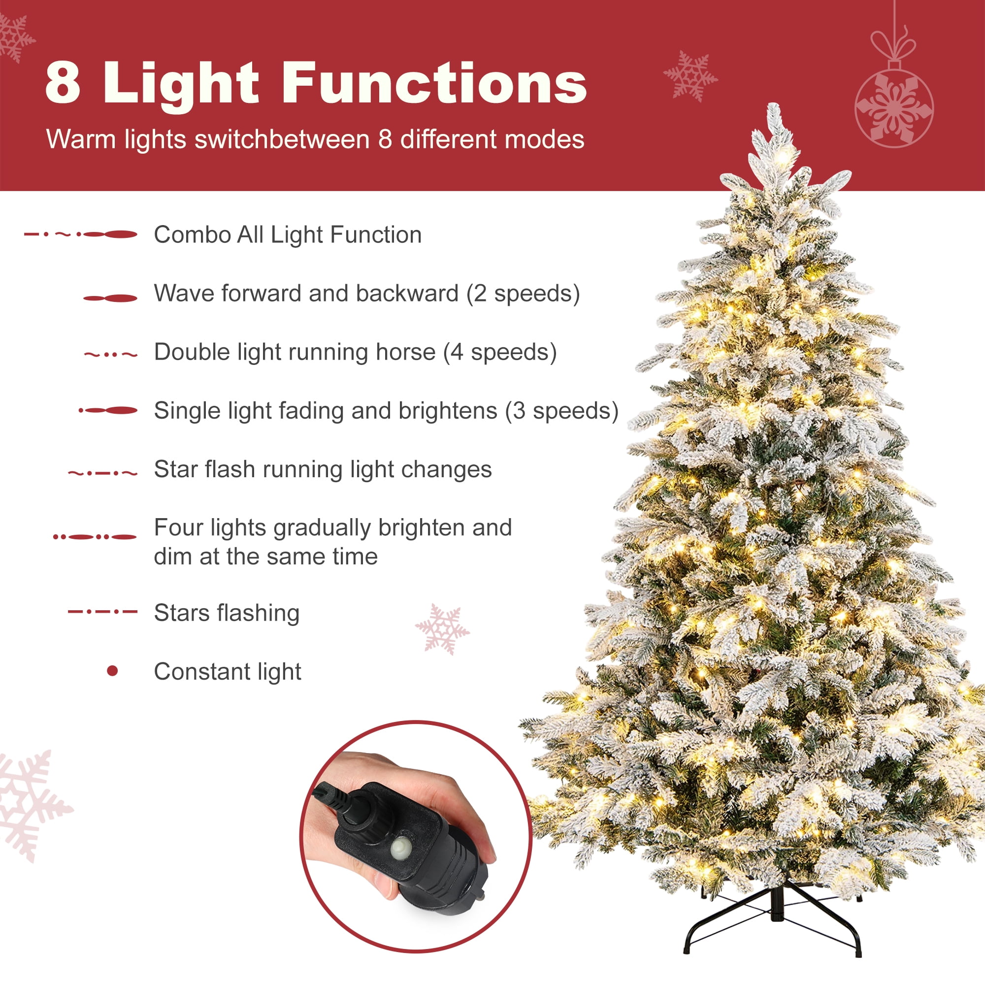 Vrilay 6ft Pre-Lit Snow Flocked Artificial Christmas Tree w/ 1000 Tips 300 Lights, Gold Ribbon & Snowflake Christmas Decorations