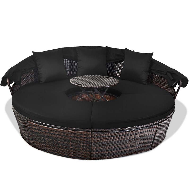 Rattan Wicker Patio Round Daybed with Retractable Canopy & Coffee Table, Outdoor Sectional Furniture Sofa Set