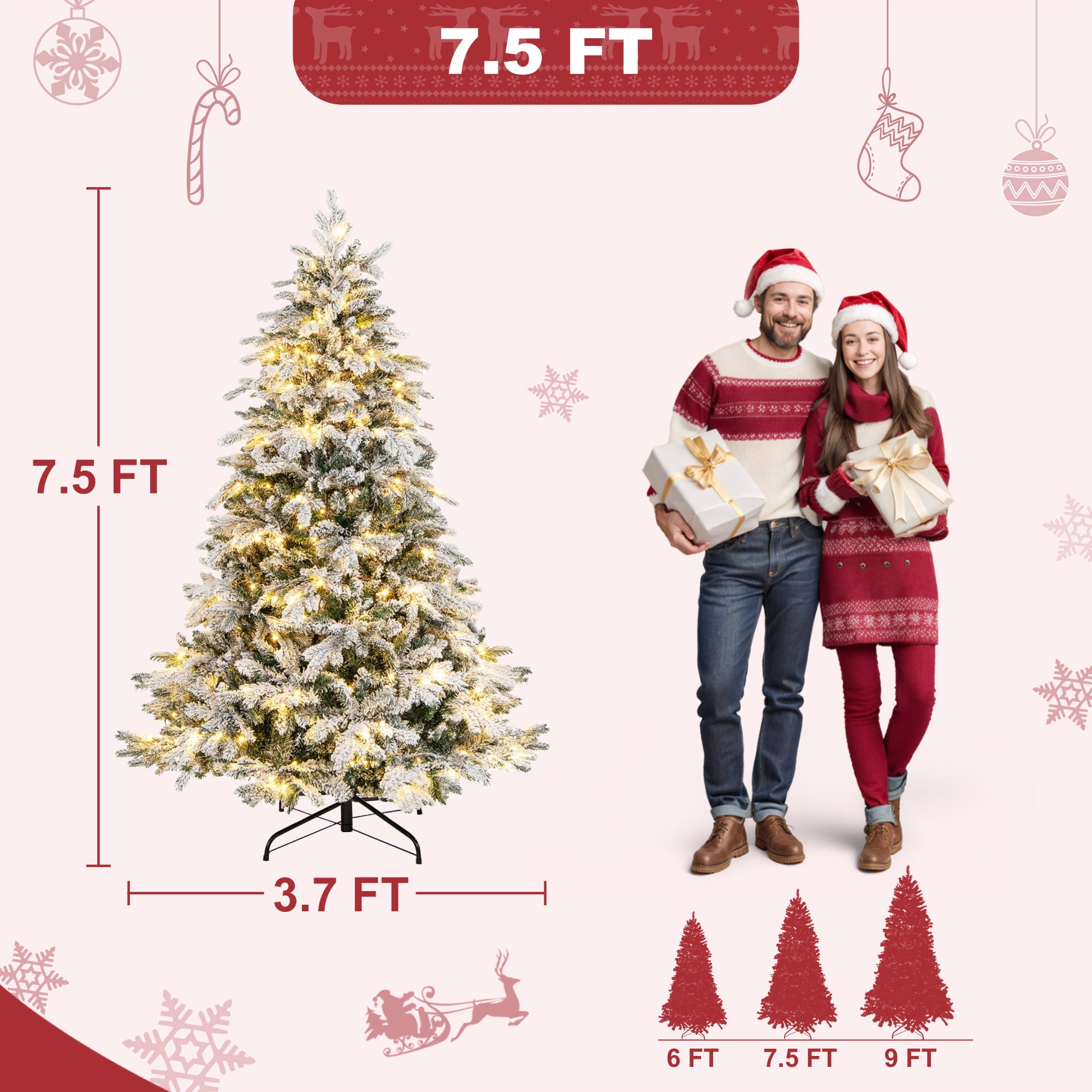 Vrilay 6ft Pre-Lit Snow Flocked Artificial Christmas Tree w/ 1000 Tips 300 Lights, Gold Ribbon & Snowflake Christmas Decorations