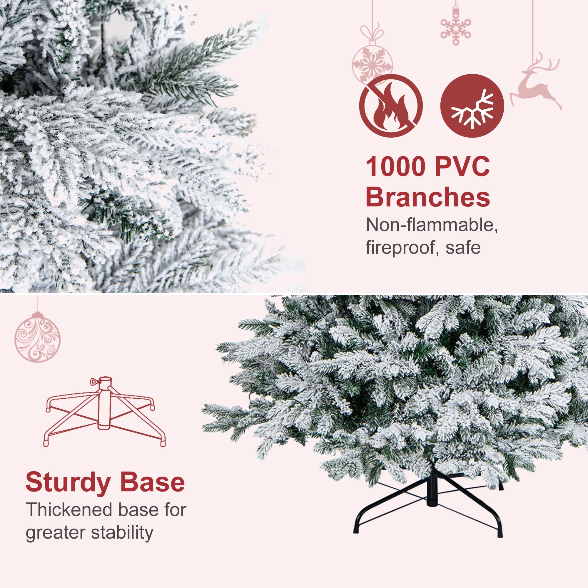 Vrilay 6ft Pre-Lit Snow Flocked Artificial Christmas Tree w/ 1000 Tips 300 Lights, Gold Ribbon & Snowflake Christmas Decorations